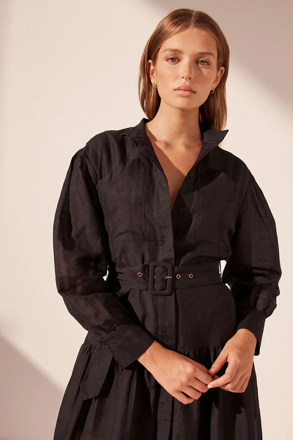 L/S Tiered Shirt Maxi Dress - Black